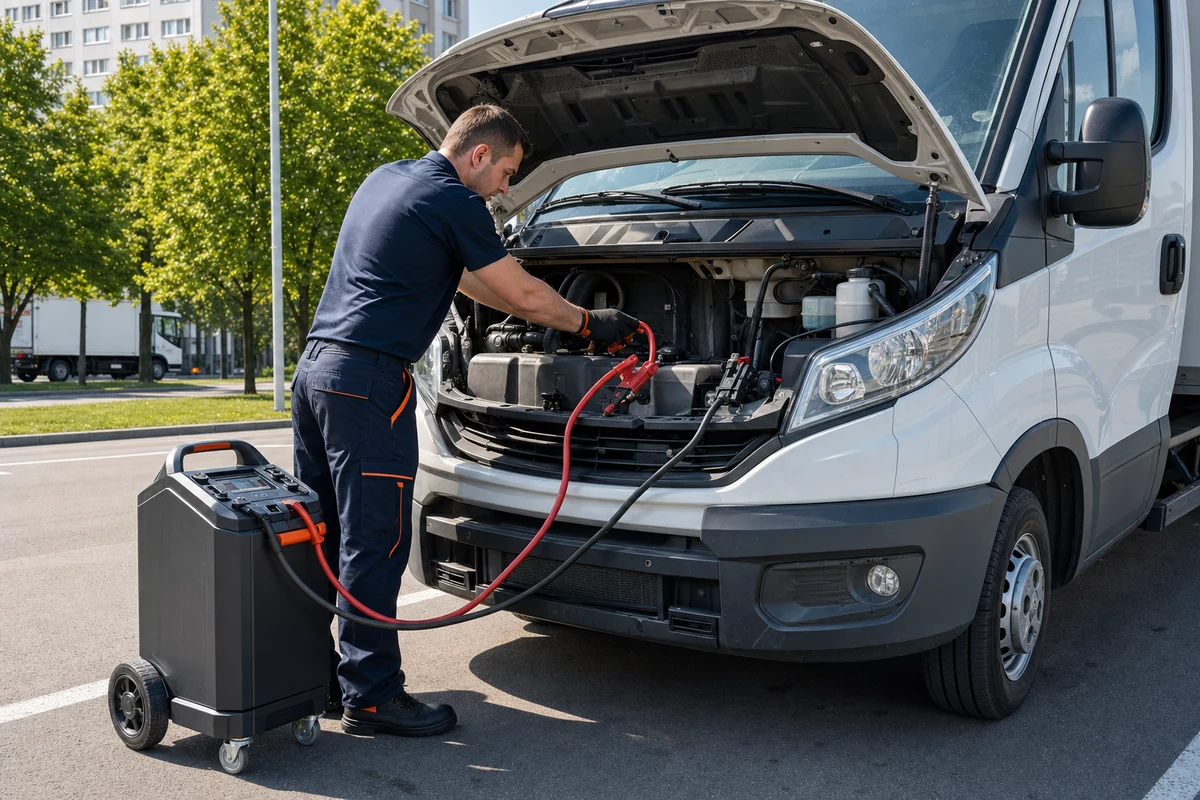 Летний выезд мастера с оборудованием для запуска двигателя 12V и 24V